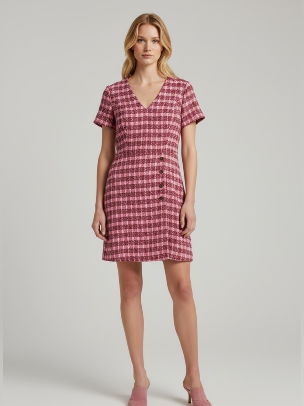 Draper James Pink Plaid V-Neck Mini Dress Retail $168